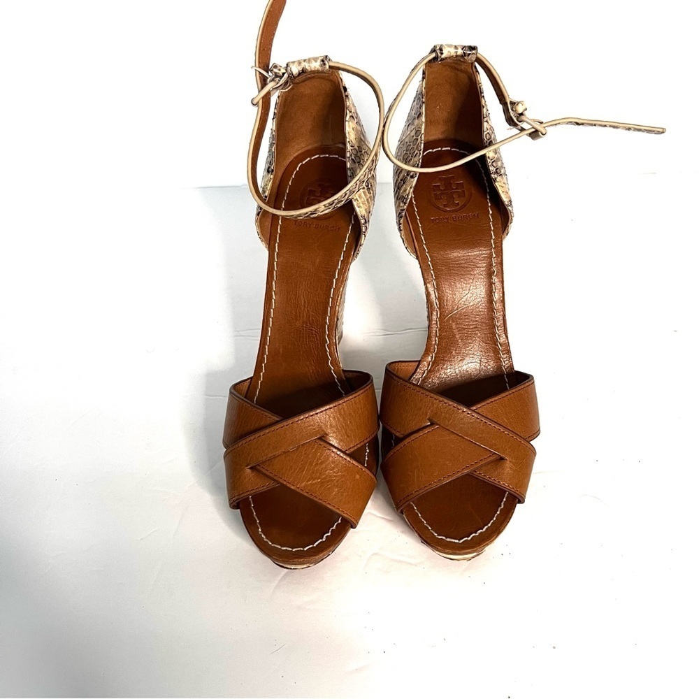 Tory Burch genuine snakeskin wedge brown leather heels